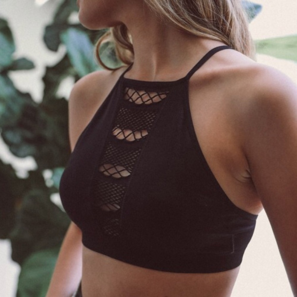 SOLD OUT Black Fishnet Cutout High Neck Bralette - Picture 1 of 6
